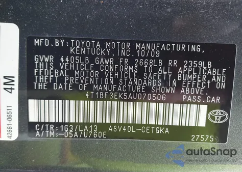 2010 Toyota Camry Xle z USA, uszkodzony, nr VIN 4T1BF3EK5AU070506